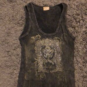 Bedazzled gray and black distressed tank top